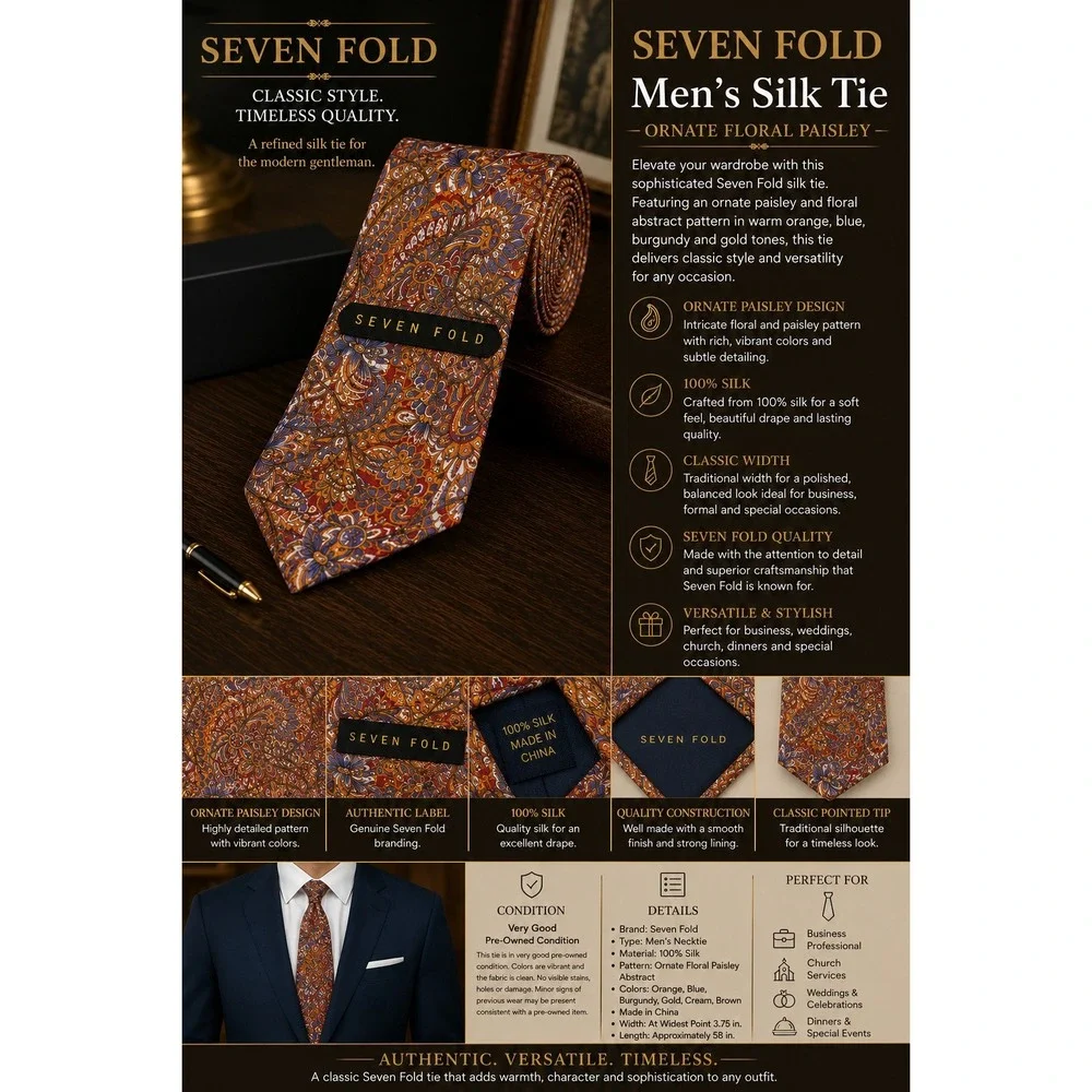 Seven Fold Mens Silk Tie Orange Purple Gold Paisley Floral Brocade Woven Luxury